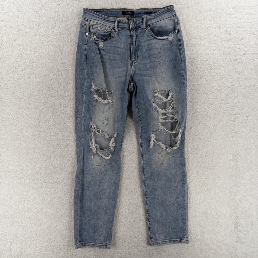 Judy Blue Jeans Womens 14W Blue High Rise Straight Distressed Stretch Denim